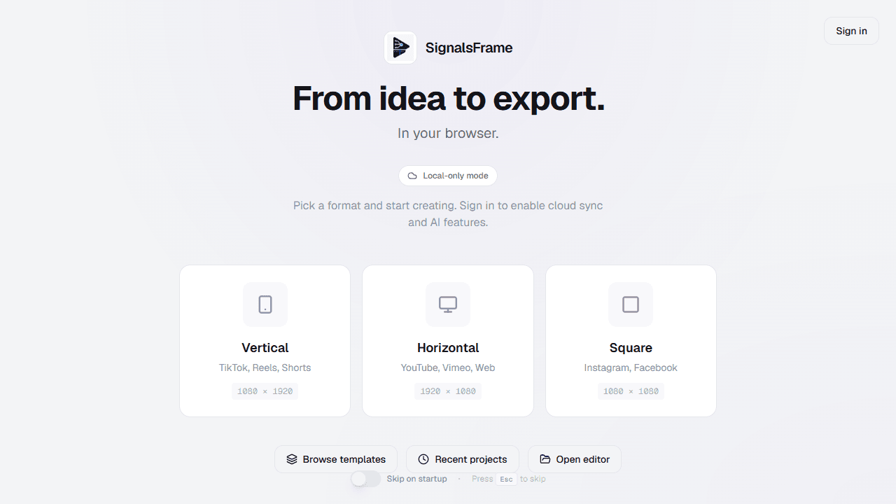 SignalsFrame project start screen with vertical, horizontal, and square format options