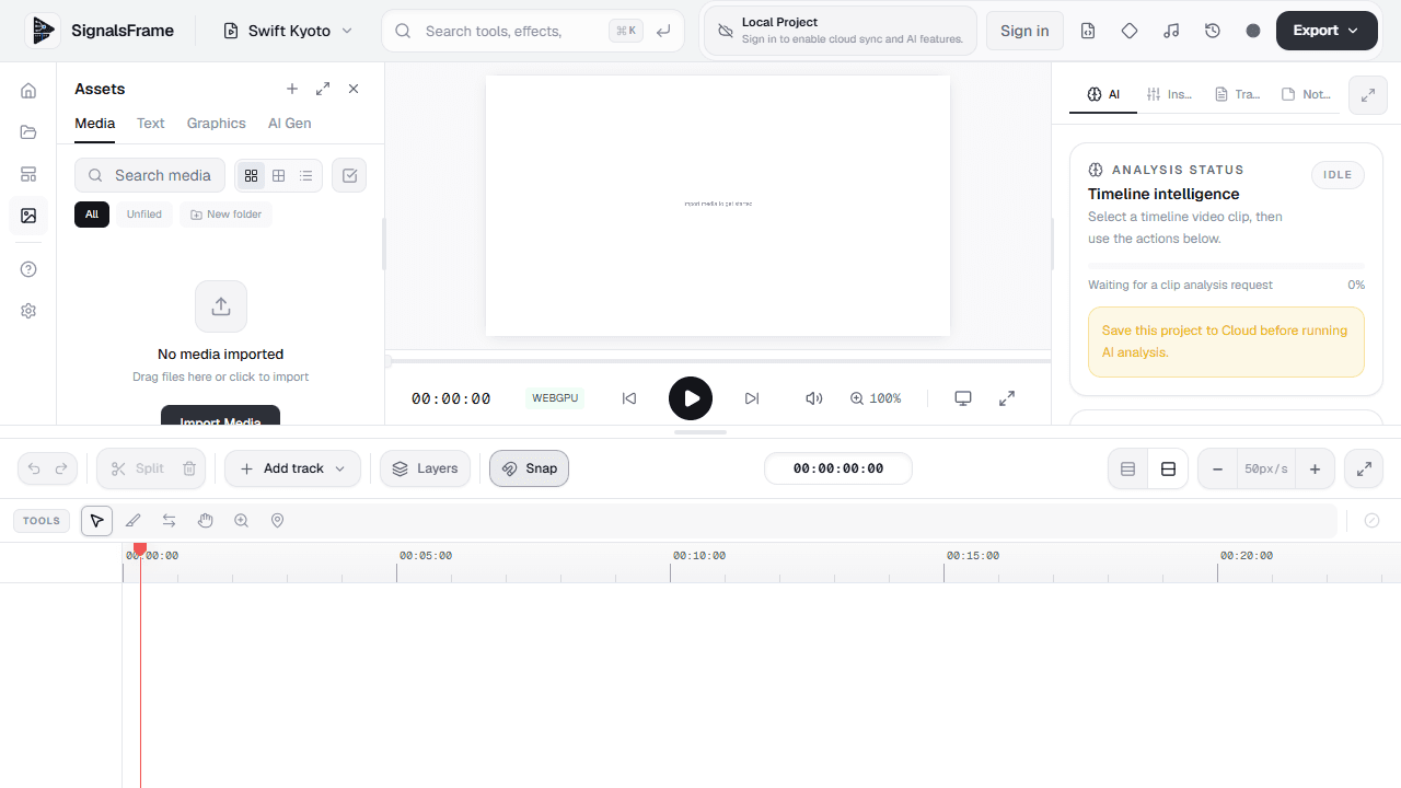 SignalsFrame browser video editor with media preview, editing controls, and timeline